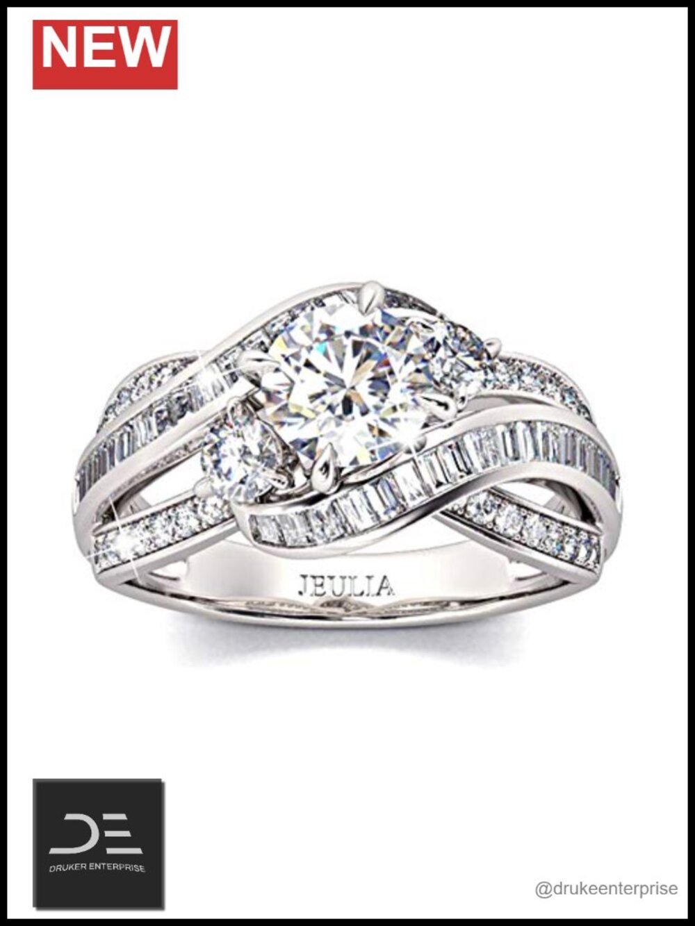 Sterling Silver Three Stone Crossover Engagement Ring Set w/ Ring Box